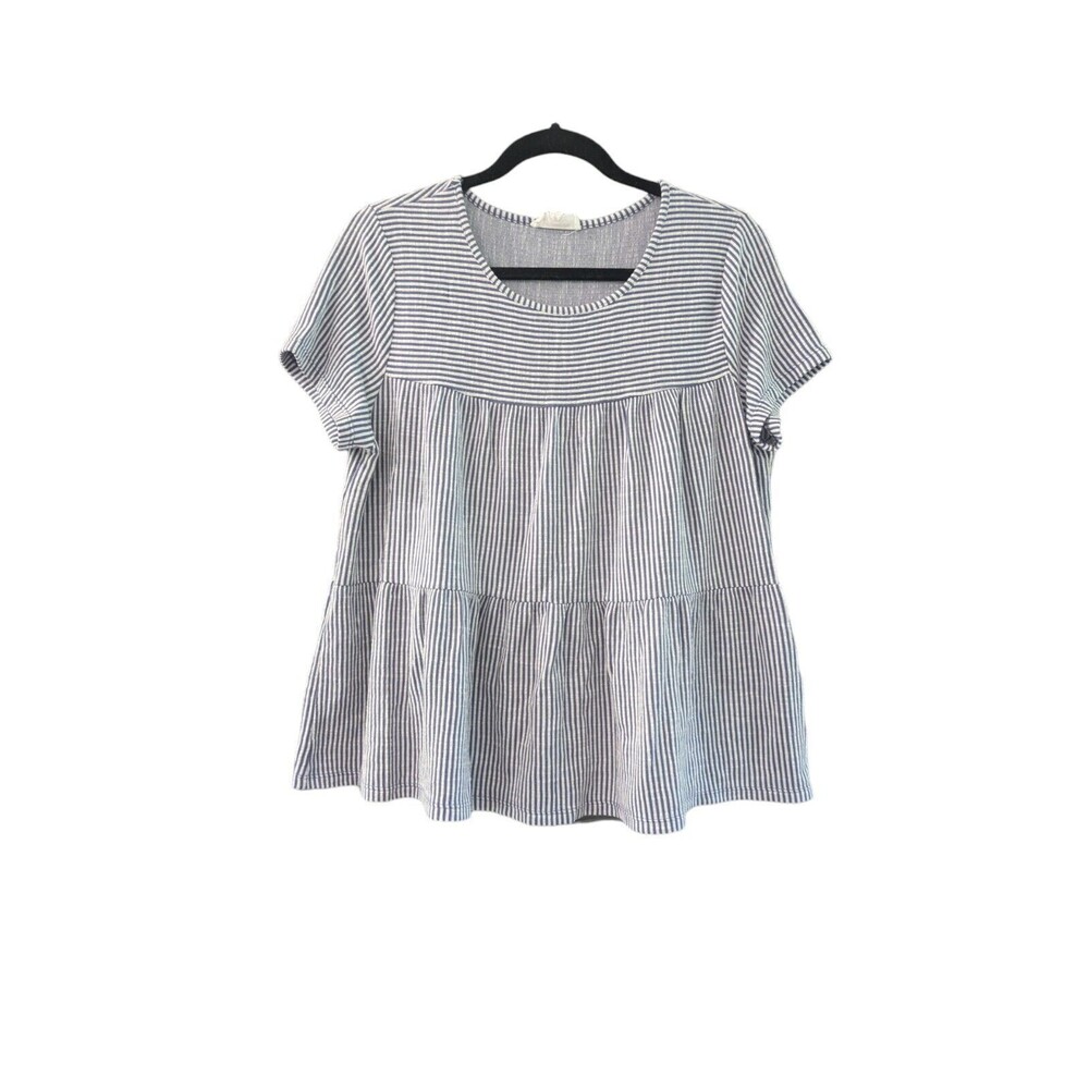 Exclusive One women's L blue white textured stripe button Shortsleeve top blouse